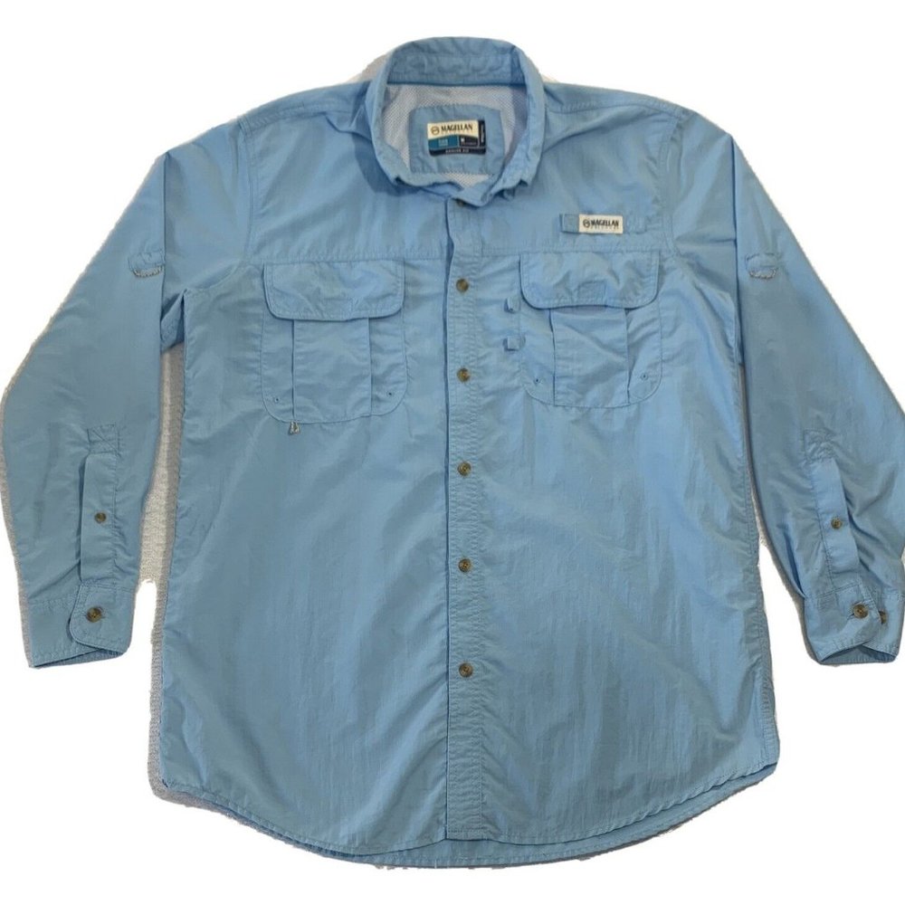 Magellan Button Up Blue Moisture Wicking Shirt L